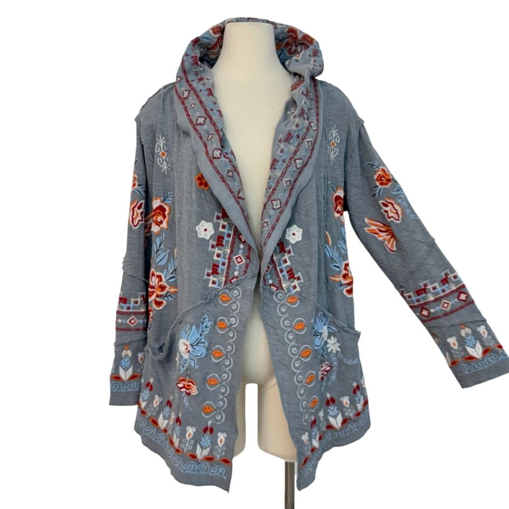 CAITE Cotton Floral Embroidery Hooded Open Front Cardigan Sweater Gray Multi S